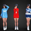 Women in different colored sweaters with LUCKY print skull pattern shorts white sneakers striped socks 3d model