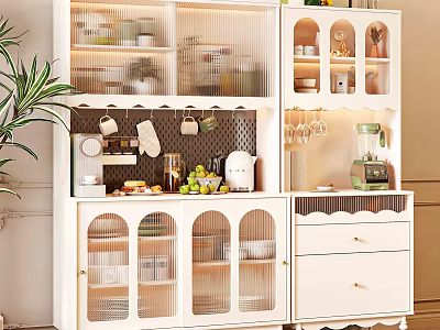 Modern White Sideboard with Glass Door Cabinets Fruits Kitchen Appliances and Storage 3d model