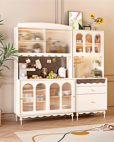 Modern White Sideboard with Glass Door Cabinets Fruits Kitchen Appliances and Storage 3d model