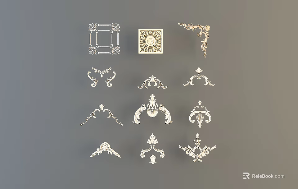 Ornate Carved Decorative Elements Including Corners Frames And Floral Patterns 3d model 