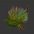 Fierce Mythical Spiky Fish with Green Orange Body Red Eyes and Lava Like Scales