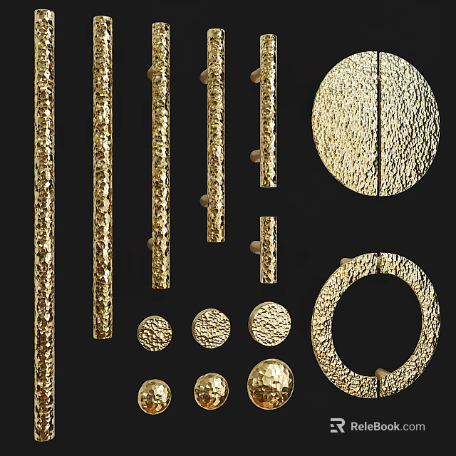 Assorted Golden Cabinet Handles With Different Shapes Textured Patterns And Designs 3d model 