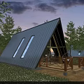 Triangular Wooden House With Blue Roof And Wooden Deck Surrounded By Trees On Green Lawn
