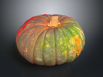 Vibrant Striped Pumpkin With Green Orange Red Hues And Brown Stem 3d model