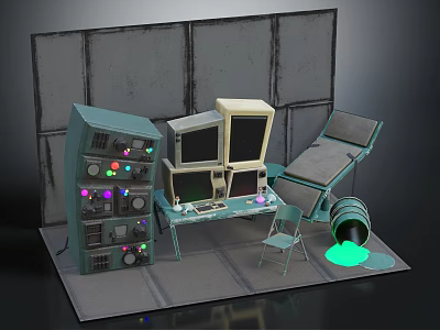 Vintage Electronic Equipment Setup With Multiple Monitors Control Console Reclining Chair And Green Glowing Pipe 3d model