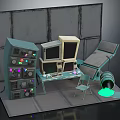 Vintage Electronic Equipment Setup With Multiple Monitors Control Console Reclining Chair And Green Glowing Pipe