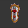 Ornate Decorative Shield With Golden Frame Red Blue Gemstones And Spiked Design
