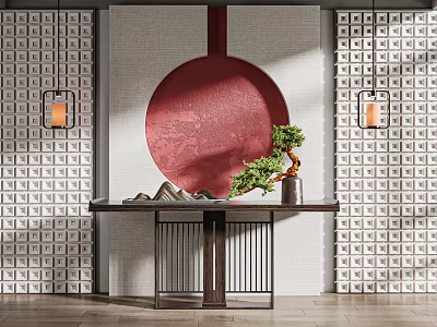 Traditional Console Table with Red Circular Decor Hanging Lanterns and Bonsai Plant Against Square Walls 3d model