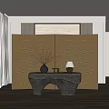 Stone Console Table With Vase Lamp And Golden Patterned Screen 3d model