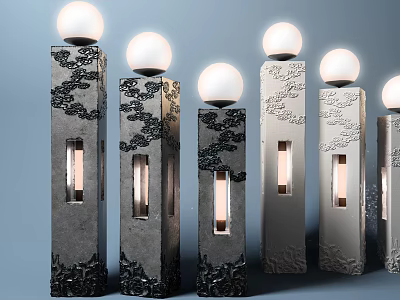 Ornate Column Design Outdoor Lights With Spherical Lampshade And Carved Patterns 3d model
