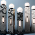 Ornate Column Design Outdoor Lights With Spherical Lampshade And Carved Patterns