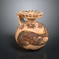 Handcrafted Ceramic Jar With Handle And Floral Animal Carvings On Brown Surface