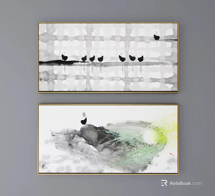Abstract Ink Style Paintings With Birds And Colorful Minimalist Composition 3d model 