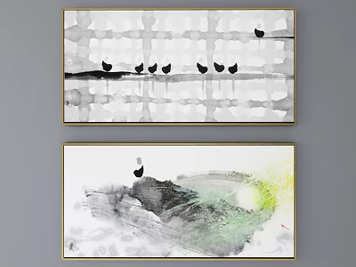 Abstract Ink Style Paintings With Birds And Colorful Minimalist Composition 3d model