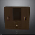 Brown Wooden Storage Cabinet With Golden Handles Open Compartment And Drawers