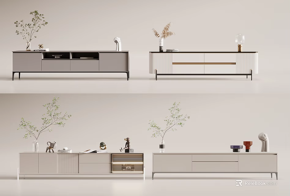 Modern TV Stand Interior With Various Designs Storage Drawers Cabinets Decorative Plants And Vases 3d model 