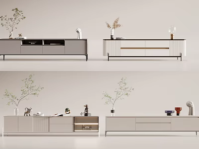 Modern TV Stand Interior With Various Designs Storage Drawers Cabinets Decorative Plants And Vases 3d model