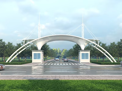 Modern Arch Entrance Gate Design With White Supports And Landscaped Trees Along Approach Road 3d model