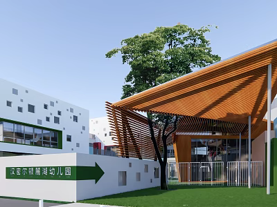 Modern Kindergarten Building With Wooden Sloped Roof Green Trees And Lawn At Entrance 3d model