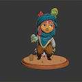 Red Horned Girl With Blue Turban Skull Decoration Holding Little Bird On Wooden Base
