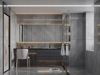 Modern Bathroom Interior with Gray Marble Walls Large Mirror and Glass Shower Enclosure 3d model