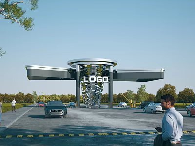 Modern Entrance Gate With Logo And Vehicles Near Pedestrians And Green Trees 3d model