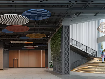 Modern Restaurant Interior With Colorful Circular Ceiling Decor Open Space And Living Plant Wall 3d model