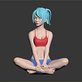 3D Character With Blue Hair Red Sports Bra Blue Shorts Cross Legged Sitting Black Floor