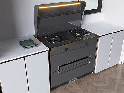 Modern Kitchen Appliances Featuring Gas Stove Range Hood With Strip Light And White Cabinets 3d model