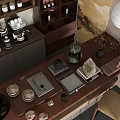 Traditional Tea Set Display On Wooden Table With Vase And Lantern Light Decor