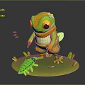 Green Cartoon Chameleon Wearing Orange Scarf Shorts On Grass With Green Insect And Plants