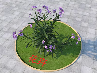 Vibrant Purple Flowers With Green Leaves On Circular Grass Lawn Outdoor Stone Pavement Garden 3d model