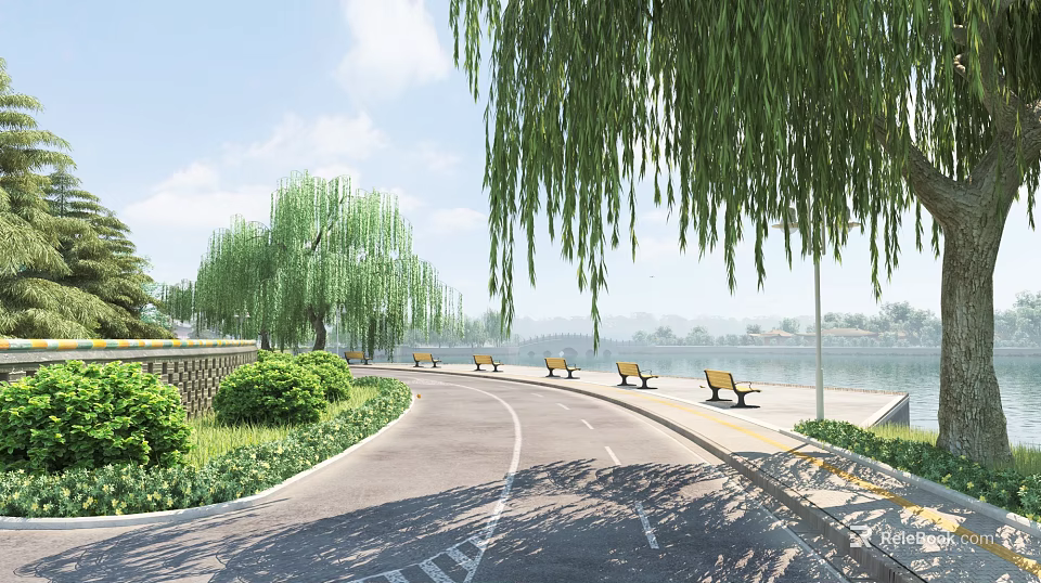 Serene Lakeside Garden Landscape With Curved Paved Road Weeping Willows And Neatly Placed Rest Benches 3d model 
