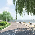Serene Lakeside Garden Landscape With Curved Paved Road Weeping Willows And Neatly Placed Rest Benches