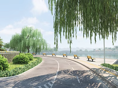Serene Lakeside Garden Landscape With Curved Paved Road Weeping Willows And Neatly Placed Rest Benches 3d model