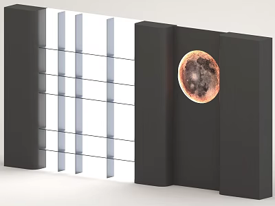 Modern Black Background Wall Featuring Vertical Striped Grid And Luminous Moon Surface Circle 3d model