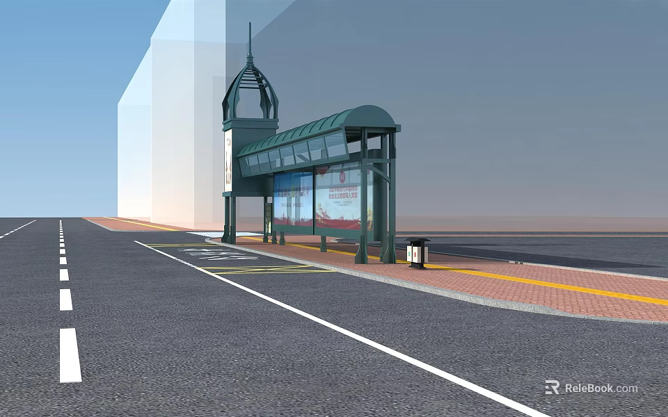 Urban Bus Stop Shelter With Green Canopy Billboard And Red Brick Pavement 3d model 