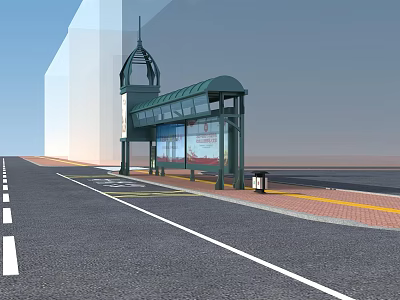 Urban Bus Stop Shelter With Green Canopy Billboard And Red Brick Pavement 3d model