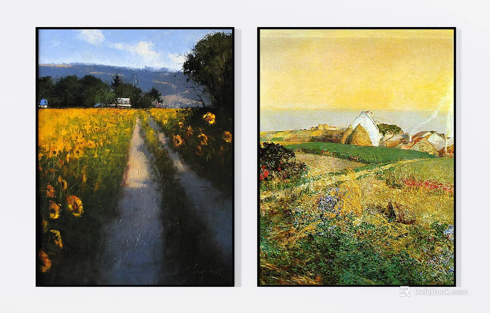 Vibrant Sunflower Field Path With Mountains And Coastal Thatched Cottage Grassland Landscape Paintings 3d model 