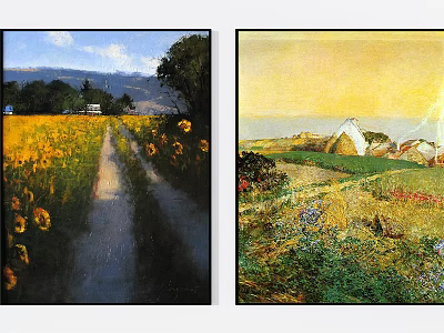 Vibrant Sunflower Field Path With Mountains And Coastal Thatched Cottage Grassland Landscape Paintings 3d model