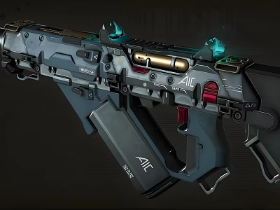 Futuristic Sci Fi Firearm With Green Glowing Elements Black Gray Body And Golden Barrel 3d model