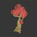 Artistic Tree With Red Leaves And Wooden Trunk On Dark Background