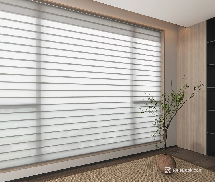 Modern White Venetian Blinds Covering Window In Bright Interior With Decorative Plant And Wooden Wall 3d model 