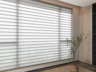 Modern White Venetian Blinds Covering Window In Bright Interior With Decorative Plant And Wooden Wall 3d model