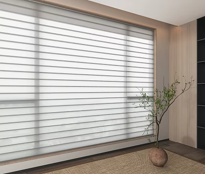 Modern White Venetian Blinds Covering Window In Bright Interior With Decorative Plant And Wooden Wall 3d model