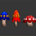 Vibrant Cartoon Mushrooms In Fantasy Scene With Blue Red White Hats And Spotted Patterns