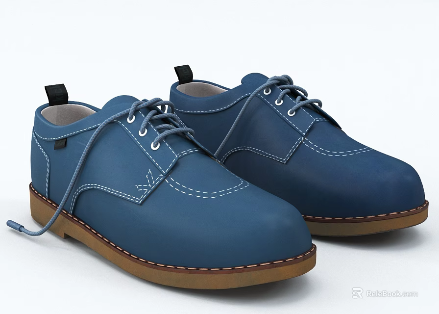 Blue Leather Lace Up Shoes With Brown Sole And White Stitching Details 3d model 