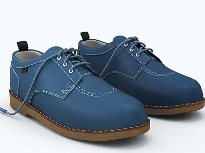 Blue Leather Lace Up Shoes With Brown Sole And White Stitching Details 3d model