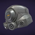 Black Mechanical Helmet with Round Components and Yellow Accents Futuristic Protective Headgear Design