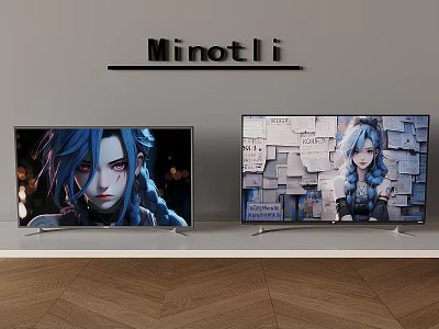 Minotli TVs Display Animated Character And Sticky Notes Background In Room With Wooden Floor 3d model